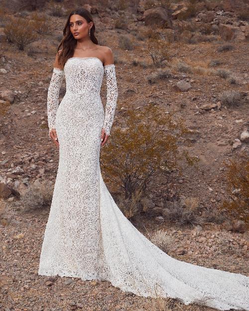 Lp2401 vintage boho wedding dress with lace and sheath silhouette1